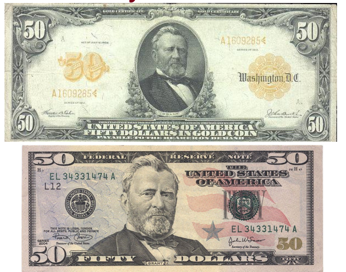 comparison of US fifty dollar bill backed by gold to a fiat 50 dollar bill