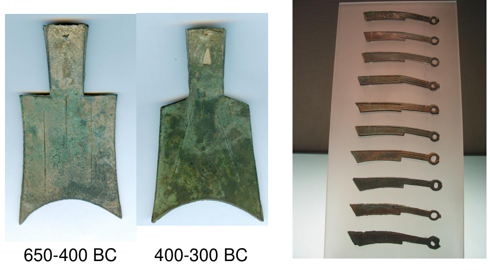 ancient chinese spade and knife money, 650-400 BC, 400-300 BC